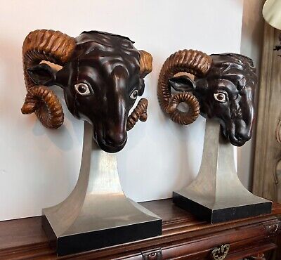 Rare Pair of Early 20th Century Art Deco Ram Head Decorative Table Articles