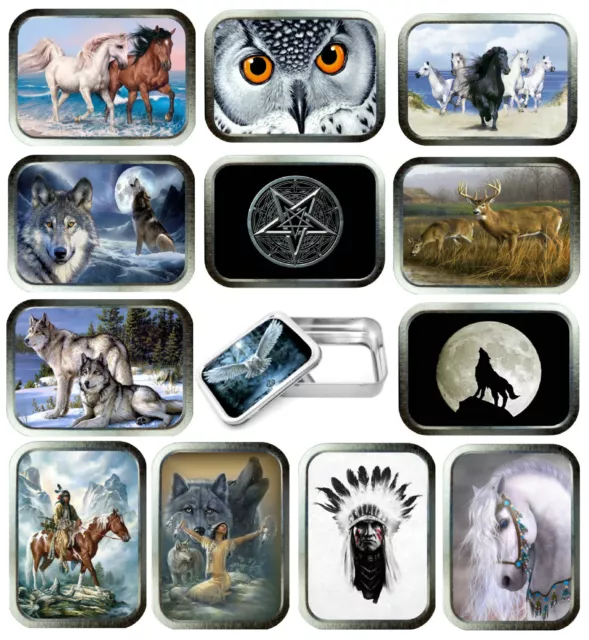 Indian 2oz Silver Tobacco Tin, Stash Can, Storage Tin,15 Designs, Owl's, Deer,