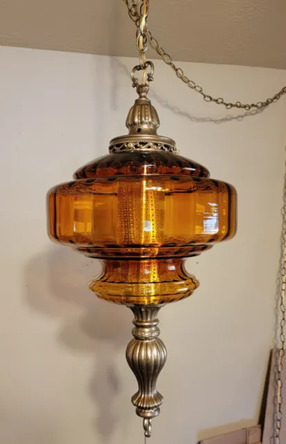 Vintage Large Hollywood Regency Dark Optic Amber Glass Hanging Swag Lamp