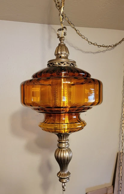 Vintage Large Hollywood Regency Dark Optic Amber Glass Hanging Swag Lamp Vintage Large Hollywood Regency Dark Optic Amber Glass Hanging Swag Lamp