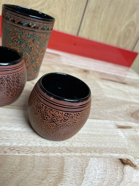 SET OF 3 Burmese Lacquer Tea Cups Hand Painted Lacquerware Asian Myanmar 3