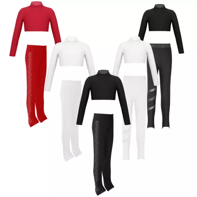 Kids Girls Sports Set Daily Tracksuit Rhinestones Shirts Elastic Waistband