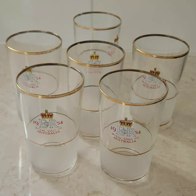 Queen Elizabeth II Royal Visit 1954 Commemorative Glasses Set 6 Frosted