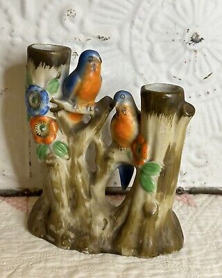 Vintage Parrots /Parakeets Double Flower Vase Figurine Colorful Porcelain  Japan