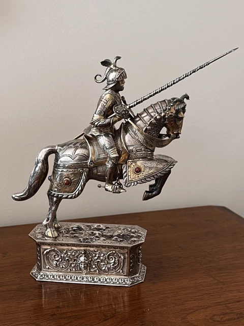 Outstanding Large Antique German 925 Sterling Silver Jeweled Jousting Knight