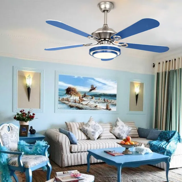 Blue 52'' Modern LED Ceiling Fan Light 5 Blades 3 Colors With Remote Controller