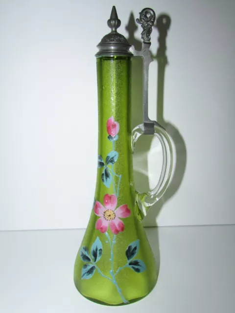 Antique Bohemian Hand Painted Art Glass Pitcher/Cruet with Pewter Lid 931