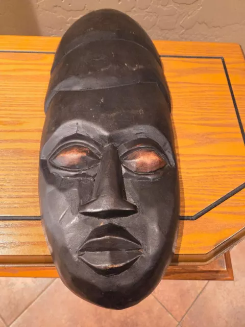 Vtg African Hand Crafted Black Wooden Tribal Mask Made in Ghana