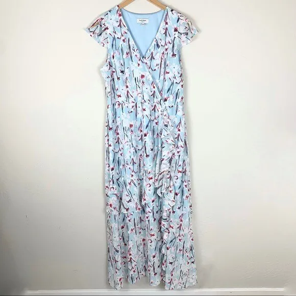 Haute Hippie Tribe Blue Floral Wrap Style Ruffle Maxi Dress Size Medium