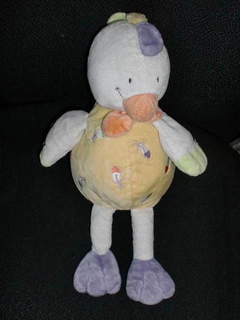 doudou peluche poule canard jaune brodé plume NICOTOY 32cm