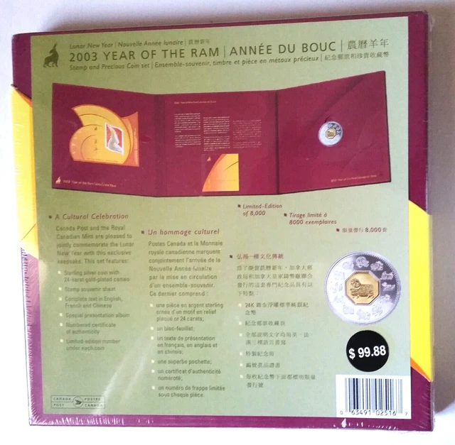 Canada, 2003, "Year Of Ram" Silver Coin + S/S On Package. Unopened Uncirculated