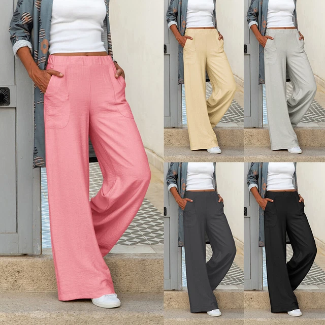 Pantaloni Donna In Lino A Gamba Larga - Vita Elastica, Casual E Comodi