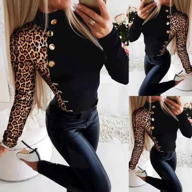 Womens Sexy Leopard Print Long Sleeve Tops Ladies Casual Slim Fit T-shirt Blouse