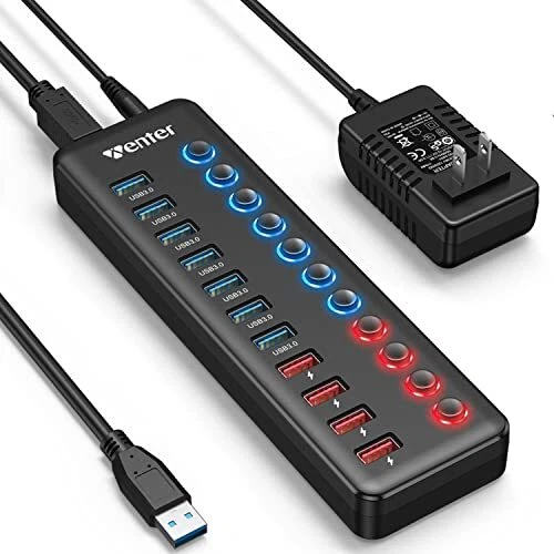 Powered USB 3.0 Hub Wenter 11-Port USB Hub Splitter 7 Faster Data Transfer Po...