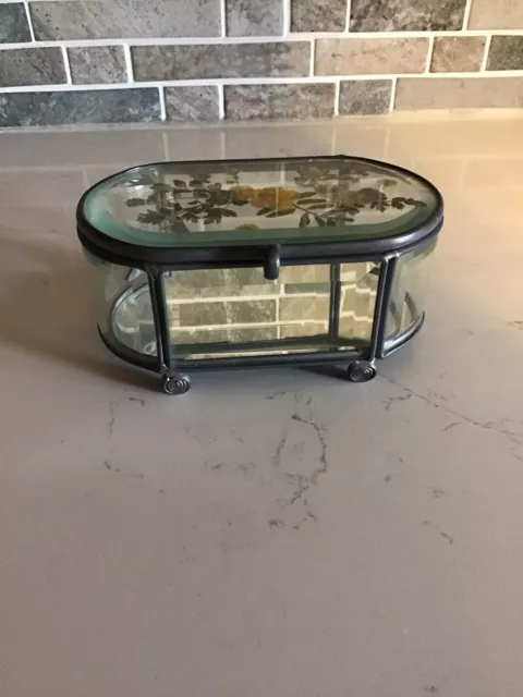 Vintage Leaded Beveled Glass On All Sides Jewelry Box W/Pressed Flowers & Mirror