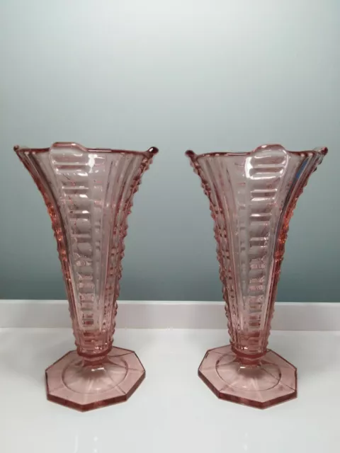 Vintage pair of art deco pink glass vases