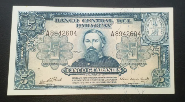 Banknote 5 Cinco Guaraníes 1952 Paraguay.