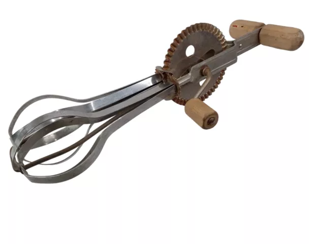 Vtg Ekco Hand Held Crank Mixer Egg Beater High Speed Stainless Steel Wood Handle