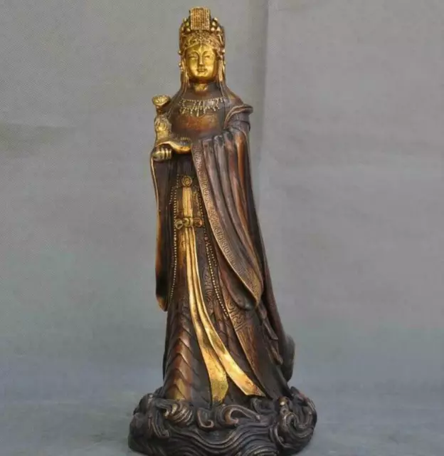 14"Old Chinese Bronze Gilt Royal Dynasty Noble Princess Belle Girl Beauty Statue