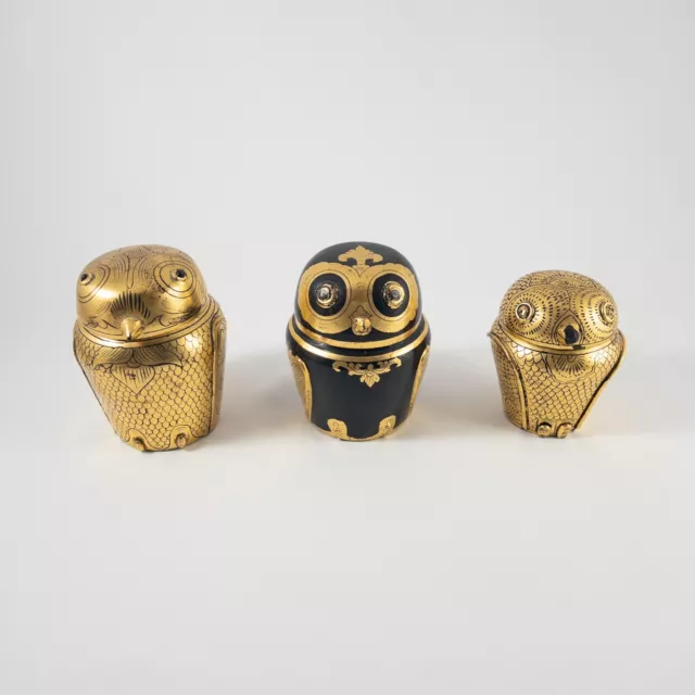 Vintage Burmese Handpainted Gold Lacquerware Owl Trinket Box - Three Pieces