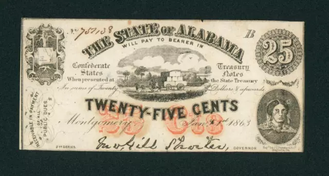 1863 25¢ ((CU)) The State of Alabama Montgomery, AL Obsolete Note ** CURRENCY
