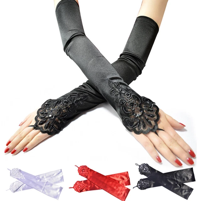 Guanti vintage ballo festa perle ricamati raso gancio dita senza dita ∑