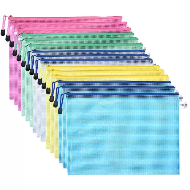 12Pcs A4 Plastic Zip File Mesh Bags Storage Document Folder Protective Wallet UK