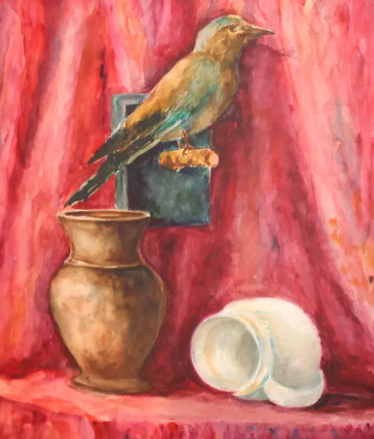 Vintage watercolor painting still life with bird figurine, vase and jug