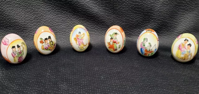 6 Vintage Ceramic Eggs Hand Painted Asian Mother Daughter Family Design 2.5" 2