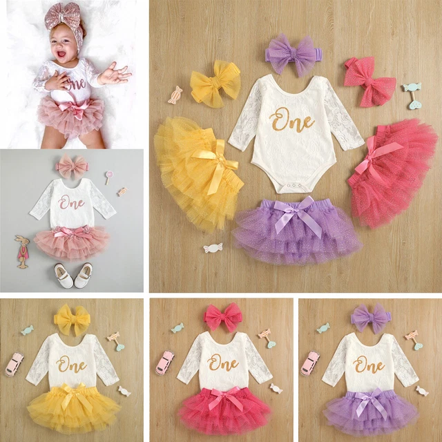Baby Girls 1st Birthday Outfit Newborn Party Tutu Skirt+Lace Romper+Headband Set