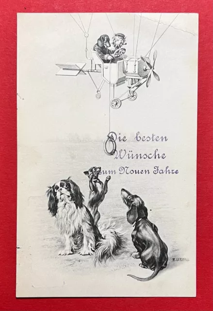 Glückwunsch AK NEUJAHR 1914 DACKEL Hunde Dackel in Gondel    ( 117498