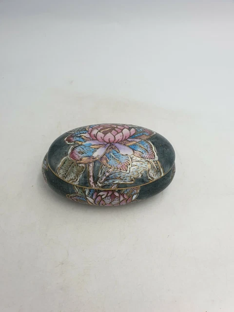 Chinese Porcelain Oblong Lidded Trinket Box Grey Water Lily Floral Hand Painted
