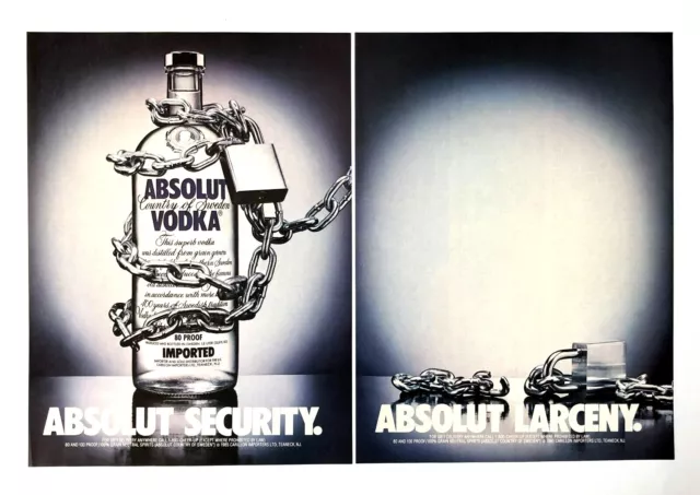 1990 Absolut Vodka Advertisement Security Lock and Chain Larceny Vtg Print AD