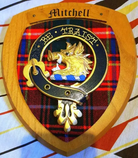 Vintage Old Scottish Carved Clan Mitchell Tartan Plaque Crest Shield zz