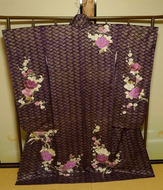 Furisode Silk Kimono Women Japanese Vintage Robe Embroidery Purple 160cm /818
