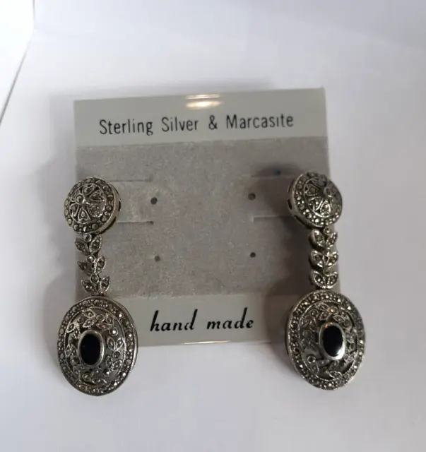 Silver Sterling 925 Vintage Onyx Marcasite Ornate Dangle Earrings Jewelry NWT