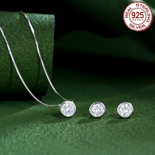 Beauty Bezel Setting CZ Necklace Earring 925 Sterling Silver Fashion Jewelry Set