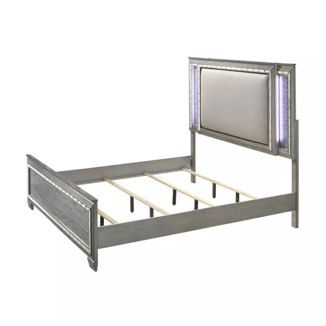 ACME Antares Queen Upholstered Wooden Panel Bed with LED in Gray Oak