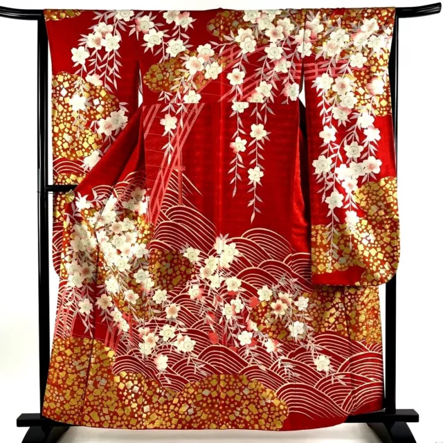 Japanese kimono SILK"FURISODE" long sleeves,Gold/Silver,SAKURA,Sign,L5' 3"..3432