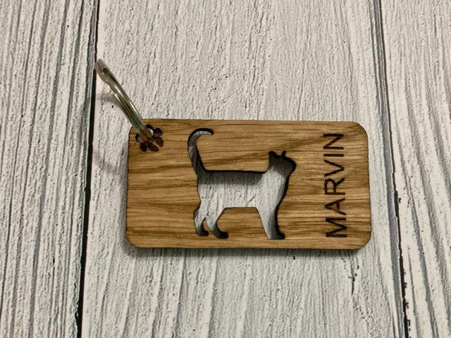 Personalised Cat Keyrings, Engraved Wooden Pet Keyring, Cat Gift