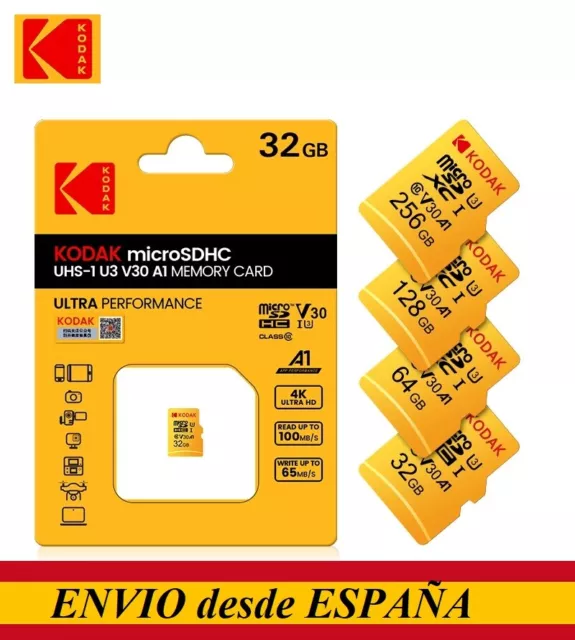 Tarjeta micro sd Kodak 32 Gb U3 SDHC, Kodak 64 Gb U3 SDXC Clase 10 Velocidad U3