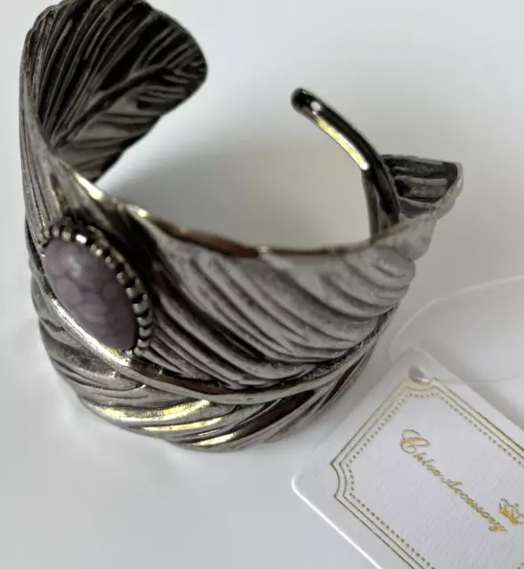 Chloe Accessory Silver Tone Feather Cuff Bracelet 2 Inch Wide Gray Stone