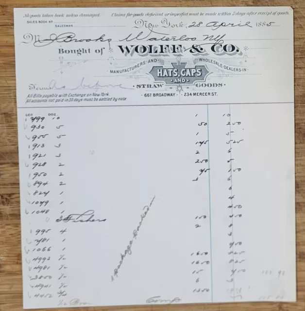 1885 Billhead New York City Wolff & Company Hats Caps Straw Goods
