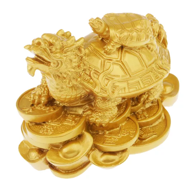 Chinese Lucky Feng Shui Dragon Tortoise Statue w/Baby Turtle Decorative Gold