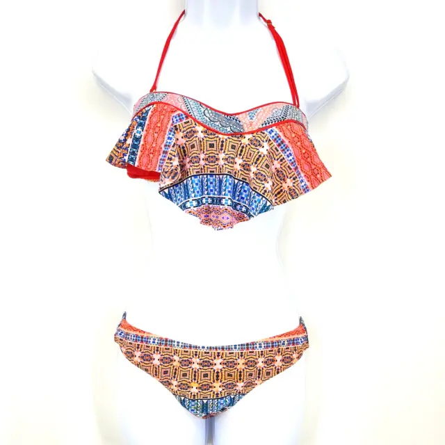 Red Carter 2 Piece Bikini Womens Small Bathing Suit Boho Top Tribal Red Halter