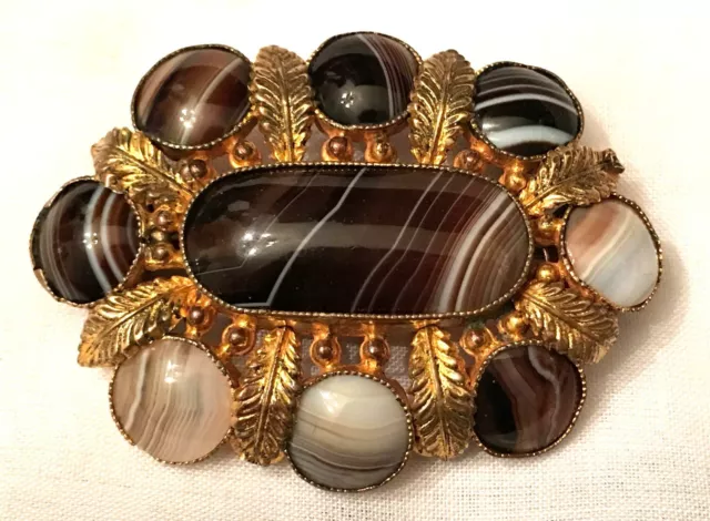 Antique Victorian Scottish Banded Agate Gold Gilt Brooch Pin 19th Century 1800s