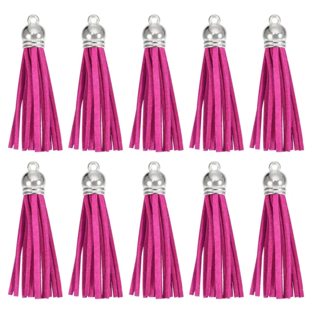 30Pcs 2.2" Leather Tassels Keychain Charm with Silver Cap for DIY, Fuchsia