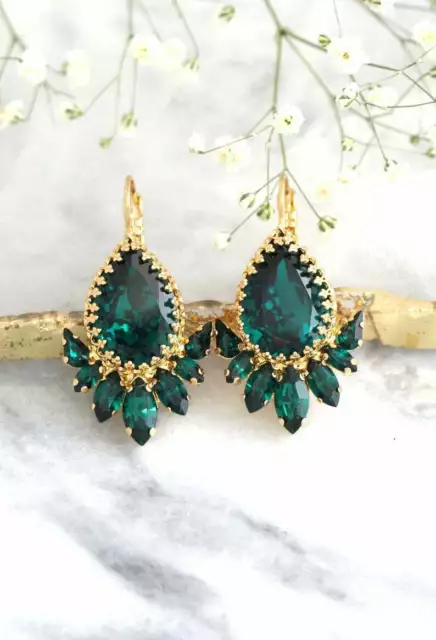 6Ct Pear Lab Created Green Emerald Drop & Dangle Boucles d'oreilles en or... 2