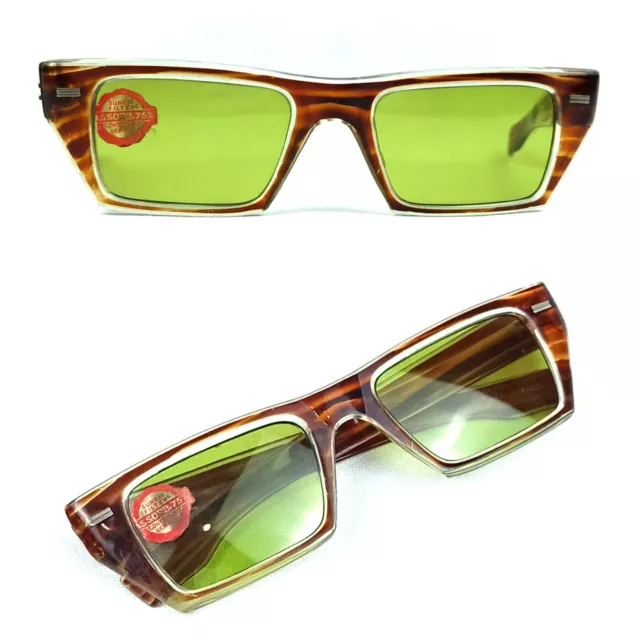 RARE GREEN SUNGLASSES VINTAGE SAMCO ITALY 1950s ART DECO AMBER FRAME UV400 LENS