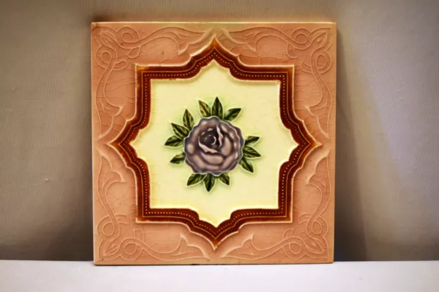 Vintage Japan Saji Tile Porcelain Ceramic Purple Rose Green Leaf Art Nouveau"904